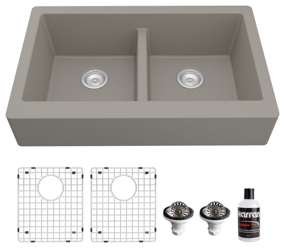 Karran Retrofit Farmhouse Quartz 34" Double Bowl Sink Kit, Concrete