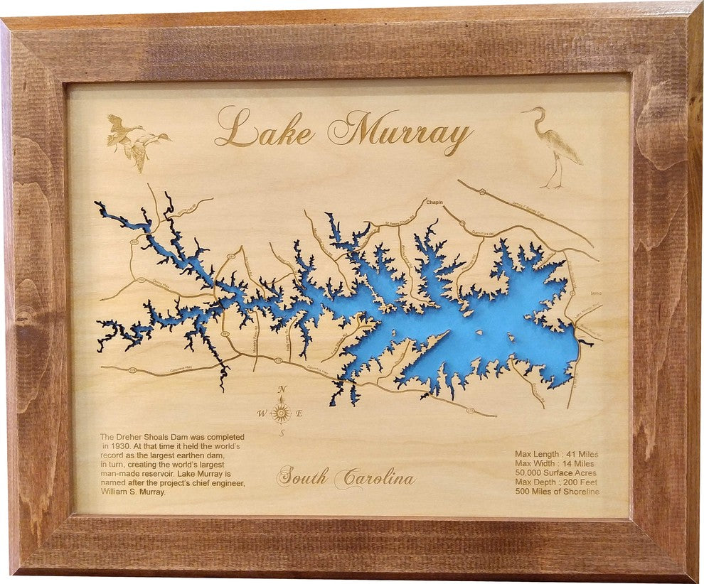 Lake Murray, South Carolina-Wood Lake Map, Small Framed