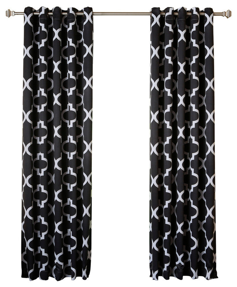 Moroccan Tile Printed Grommet Curtains, Pair, Black, 96"