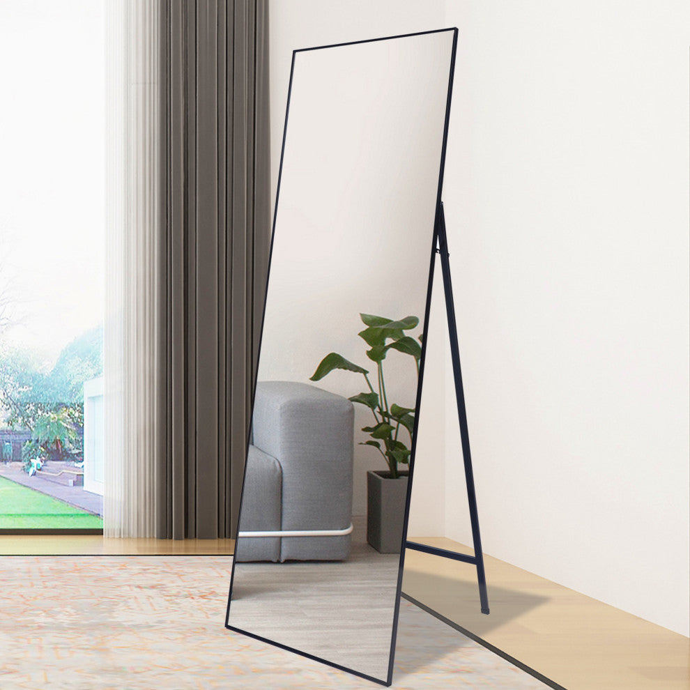 65 inch Rectangular Aluminum Framed Floor Wall Hanging Bedroom Mirror, Black, 22