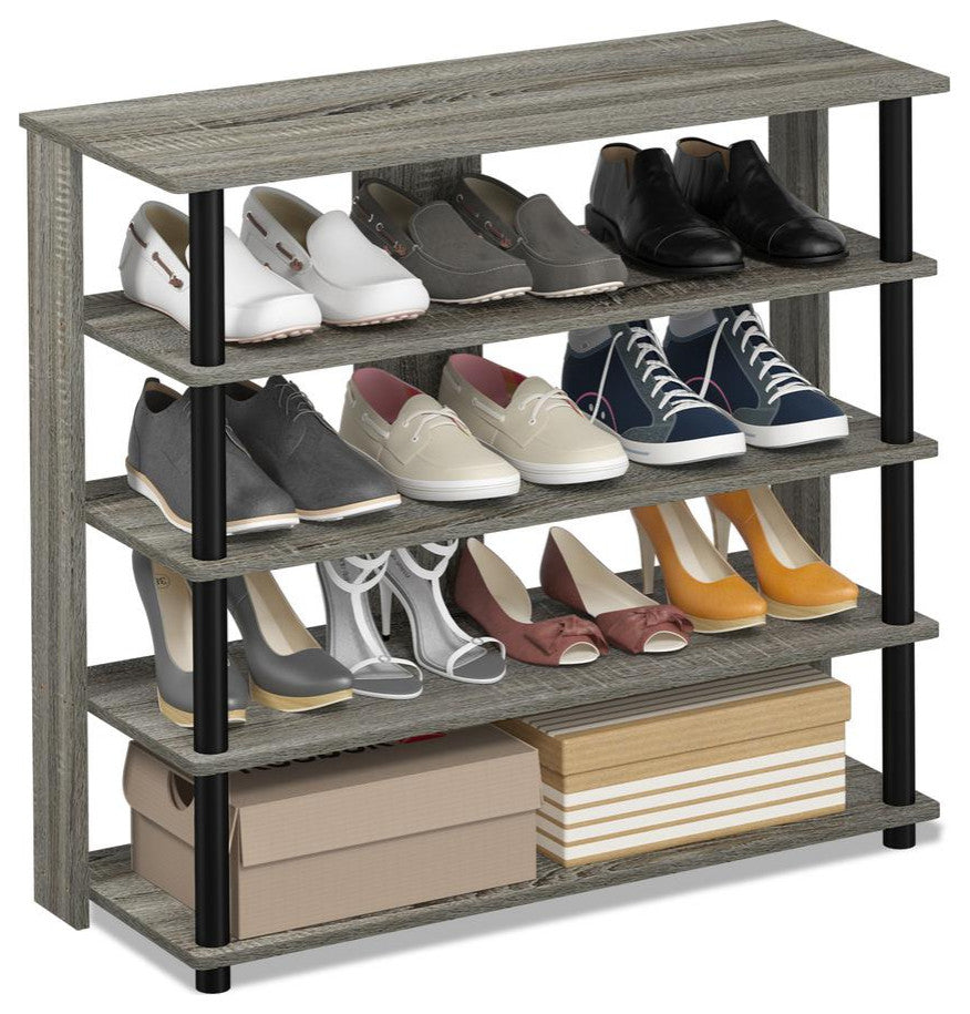 Furinno Turn-N-Tube 5 Tier Wide Shoe Rack, French Oak Gray/Black 17081GYW/BK