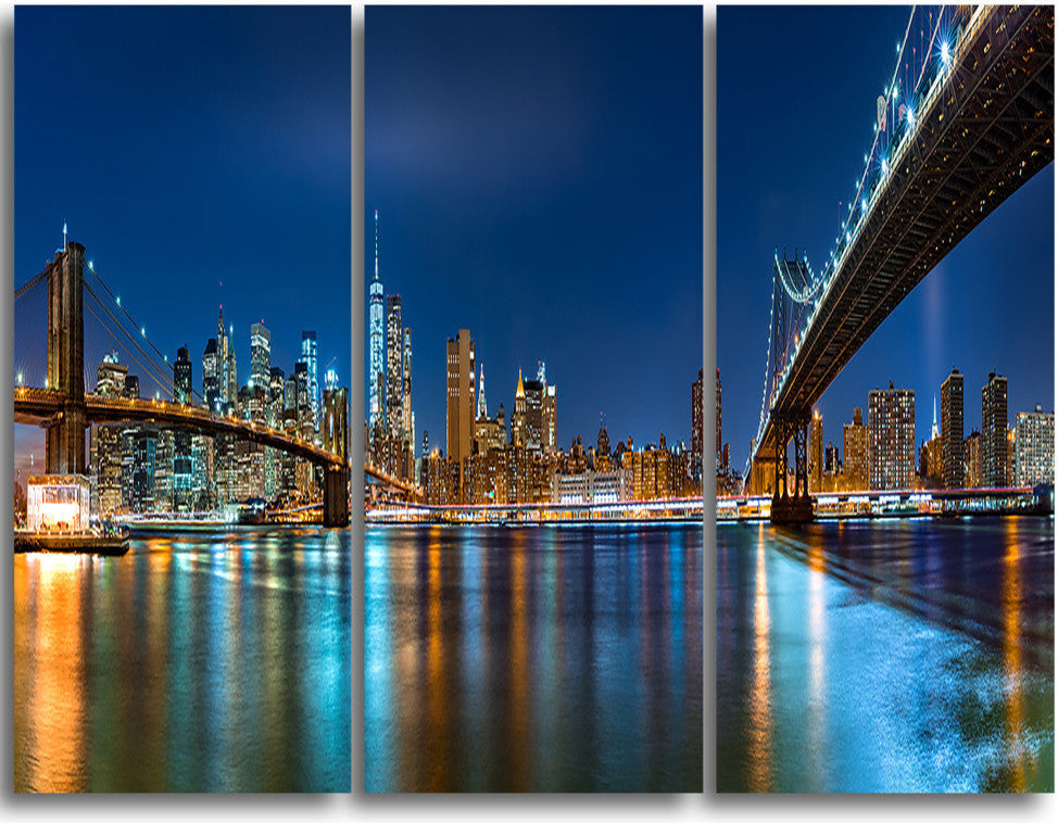 "Brooklyn and Manhattan Bridges Night" Metal Wall Art, 3 Panels, 36"x28"