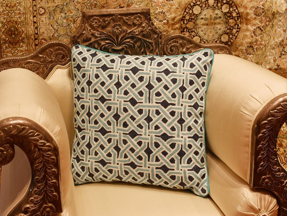 Mosaic Celtic Knot Turquoise Decorative Pillow Cover Handembroidered Wool 20x20"