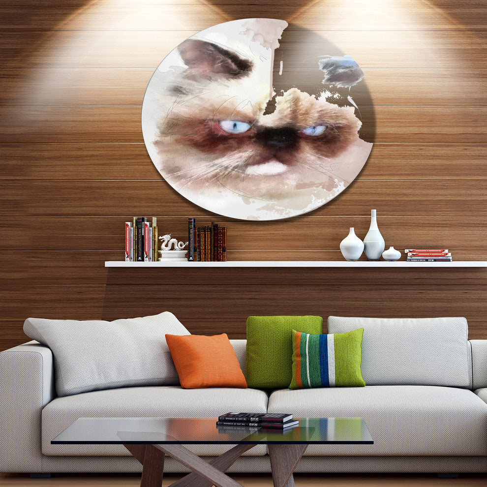 Angry Brown Watercolor Cat Sketch, Animal Disc Metal Artwork, 23"