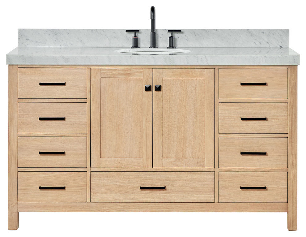 Cambridge 60" Single Bath Vanity With Italian Carrara Marble Top, Oak