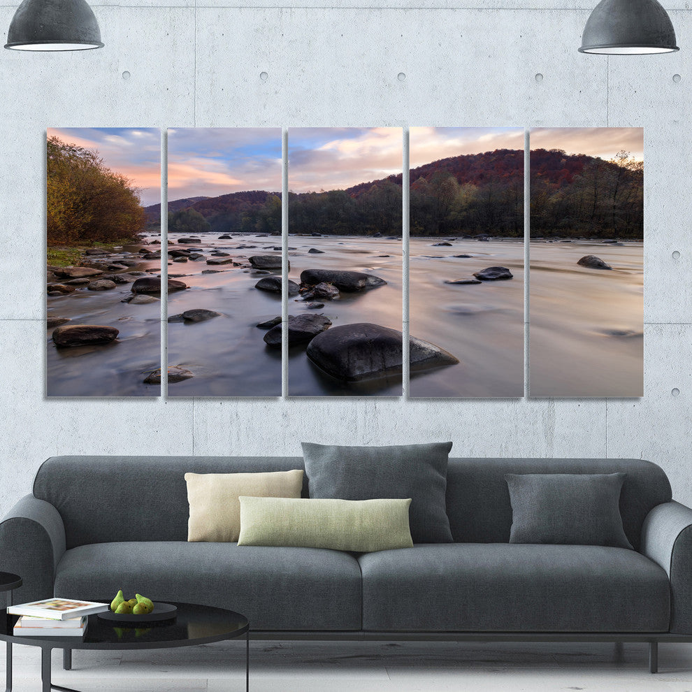 Rocky Mountain River in Autumn, Seashore Wall Art on Canvas, 60"x28", 5 Panels