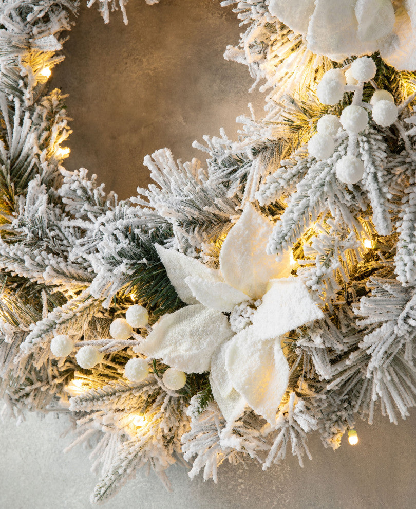 24"D Pre-Lit Snow Flocked Christmas Wreath and Matched 2-Pack 9' Garland Set