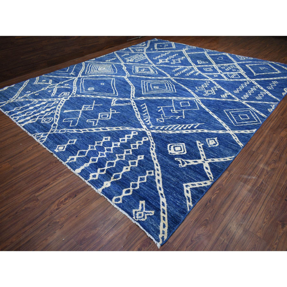 Denim Blue Hand Knotted, Soft and Shiny Wool, Moroccan Berber Rug, 12'3"x14'3"