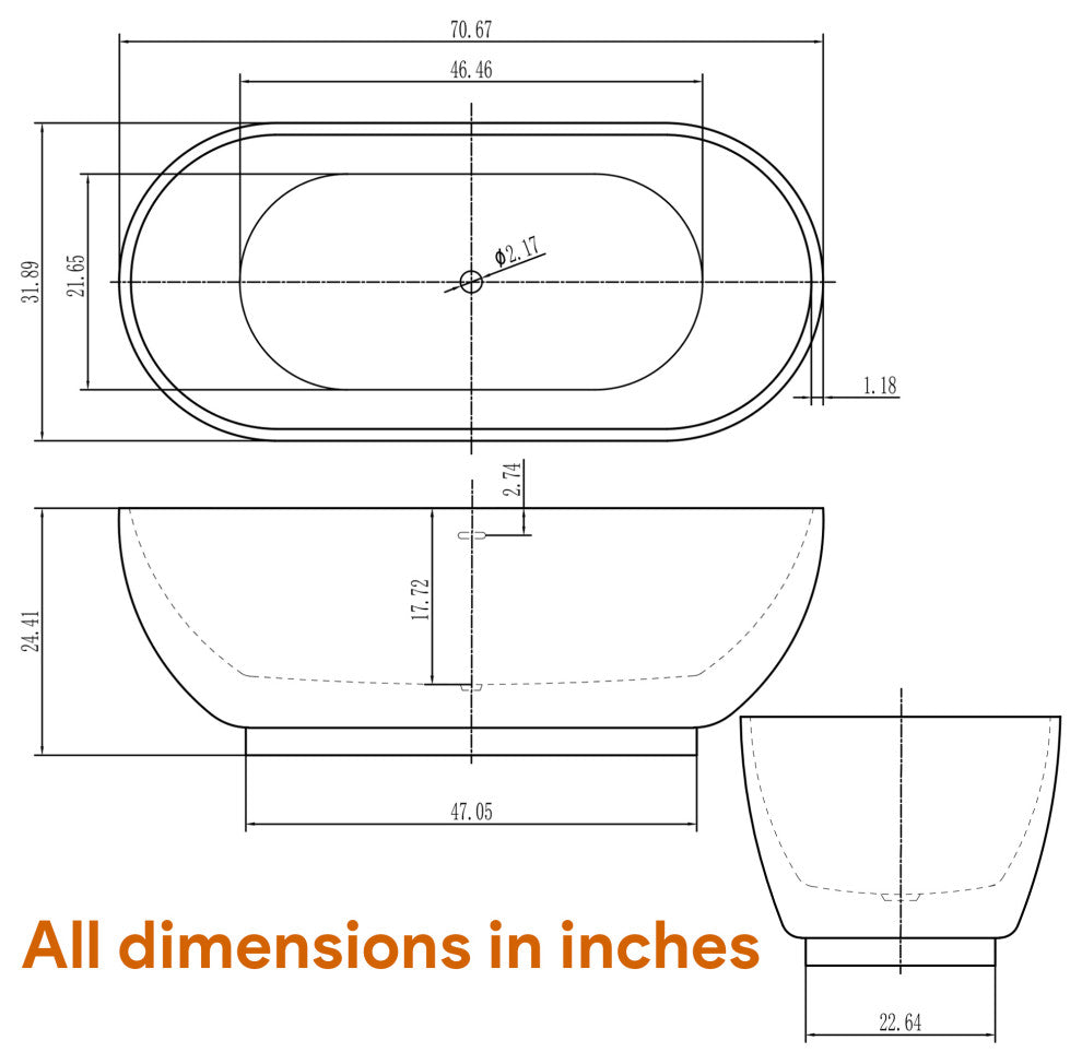 HEATGENE 70 inches Acrylic Freestanding Large Bathtub Modern Bathtub