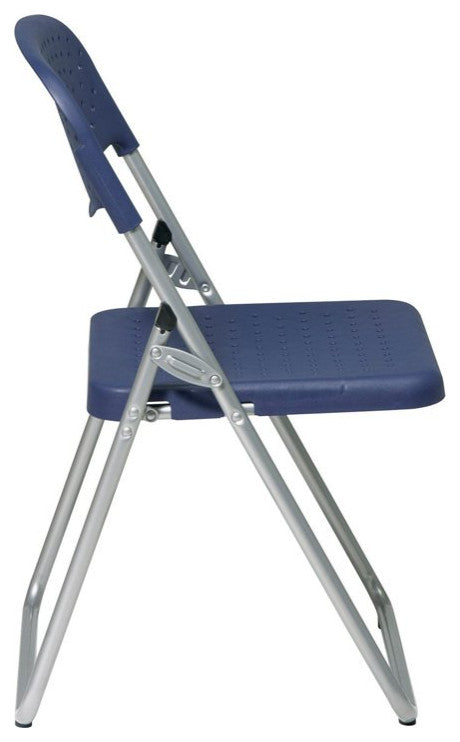 Set of 4 Folding Chair, Metal Frame With Dotted Plastic Seat & Open Back, Blue