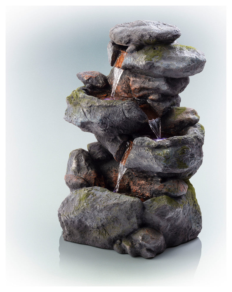 22" Tall Outdoor 3-Tier Rock Waterfall Fountain with LED Lights