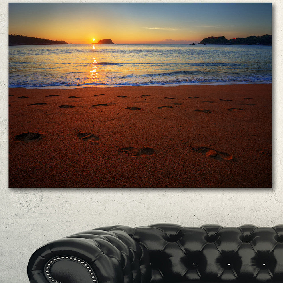 Foot printed Sandy Ocean Beach, Seashore Canvas Art Print, 60"x28"