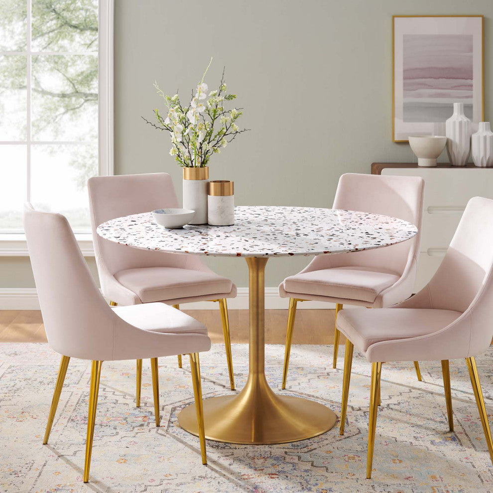 47" Dining Table, Round, White Gold, Metal, Modern, Cafe Bistro Hospitality