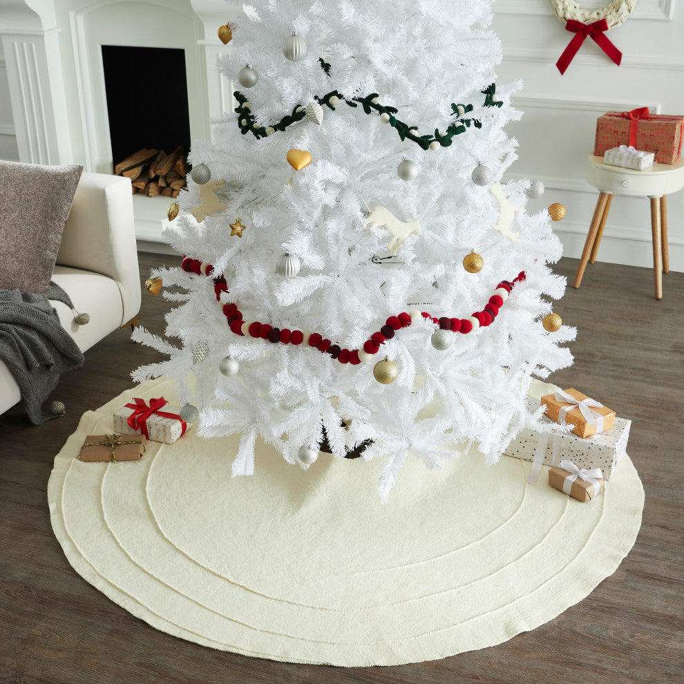 Felted Wool Poinsettia Button Tree Skirt White