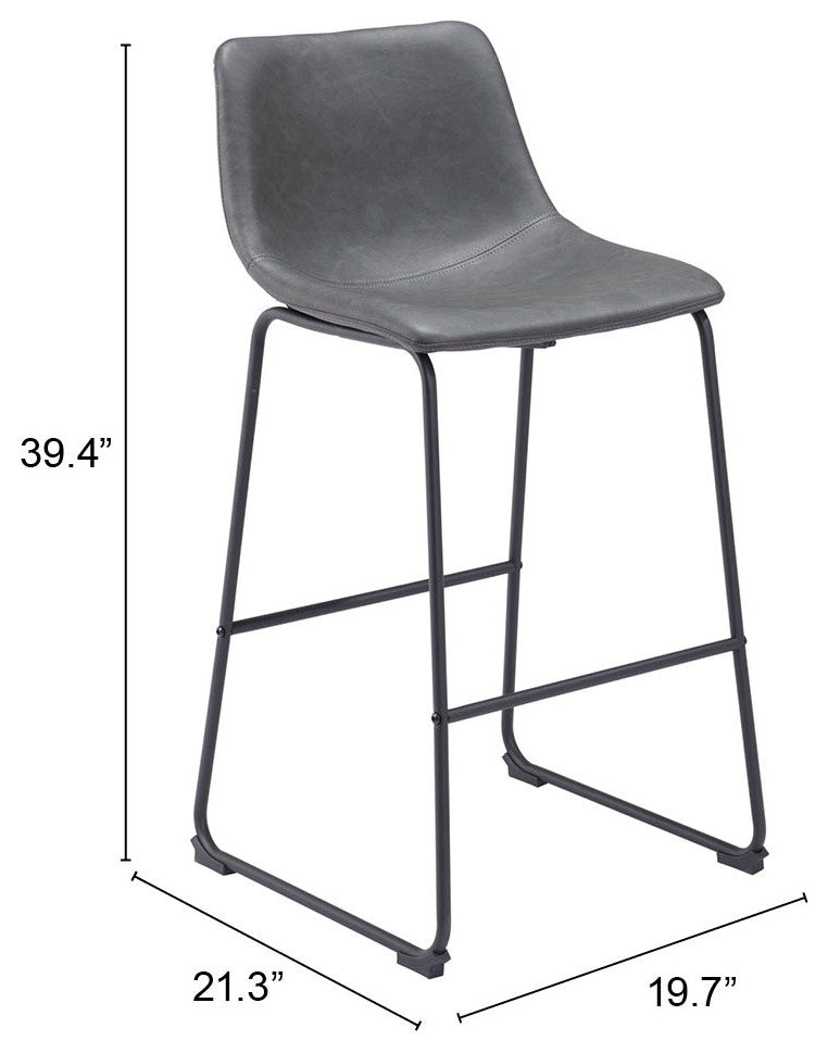Bar Stool Chair, Set of 2, Faux Vinyl Leather, Charcoal, Black, Industrial