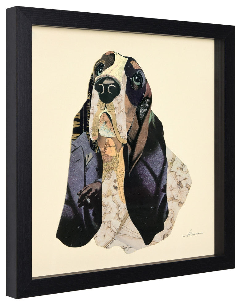 Basset Hound Dimensional Handmade Collage Wall Art Framed Under Glass