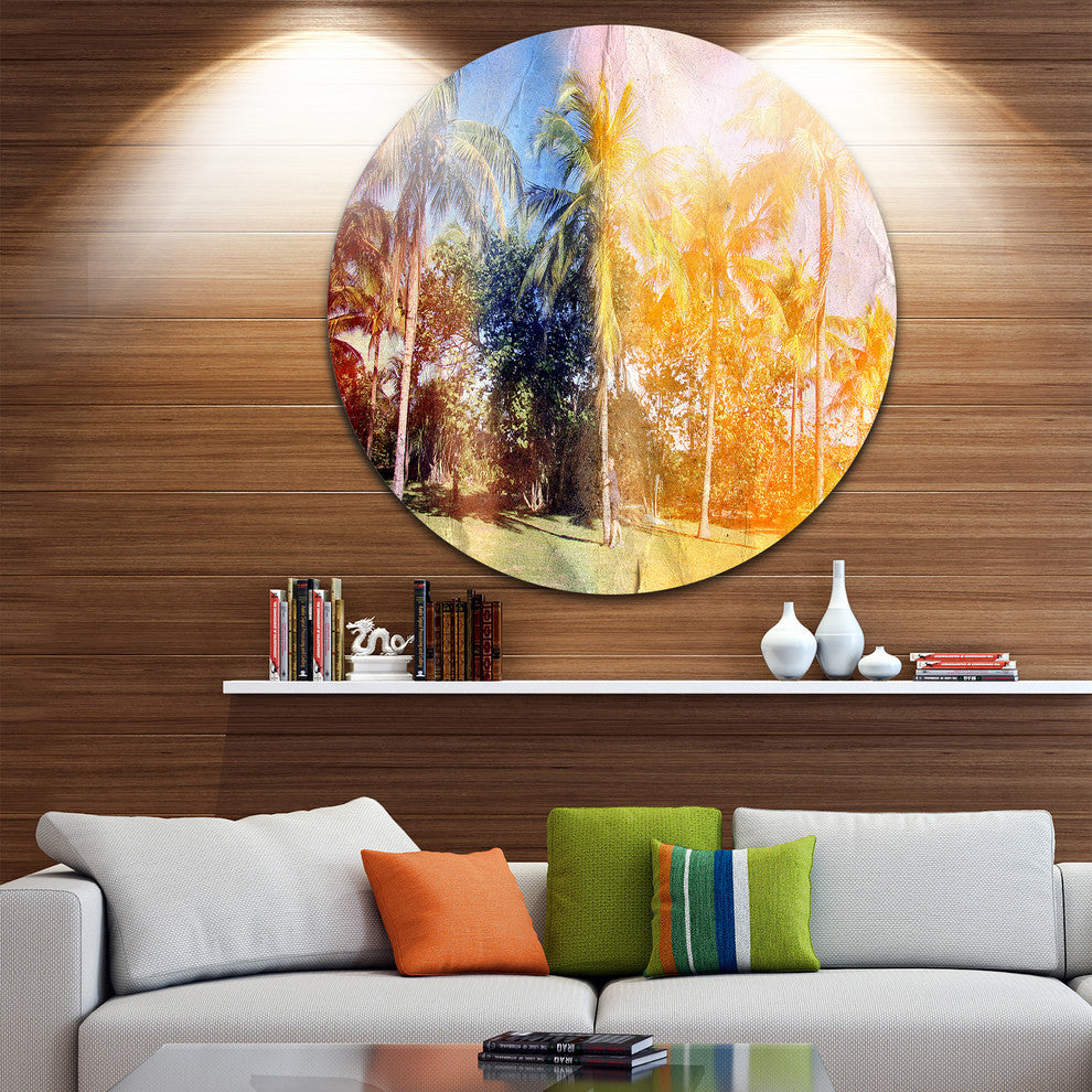 Retro Palms In Yellow Shade, Landscape Painting Disc Metal Artwork, 36"