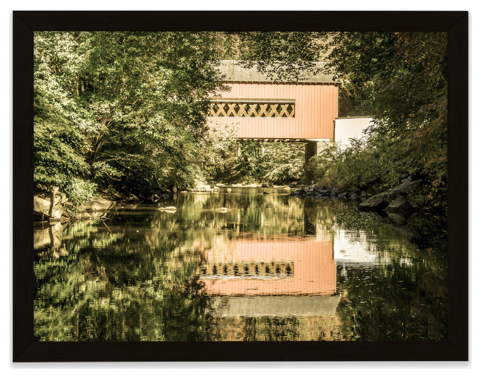 The Reflections of Wooddale Covered Bridge Aged Framed Photo Wall Art Print, Black, 12" X 16"