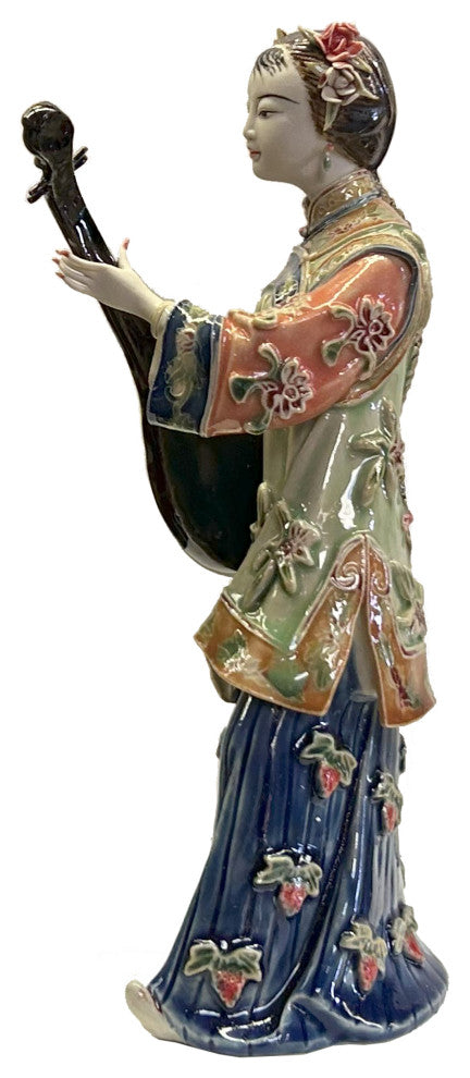 Chinese Porcelain Qing Style Dressing Pipa Playing Lady Figure