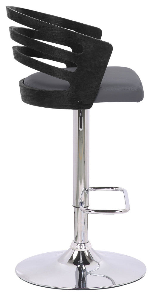 Gray Faux Leather Black Wood and Chrome Adjustable Swivel Bar Stool