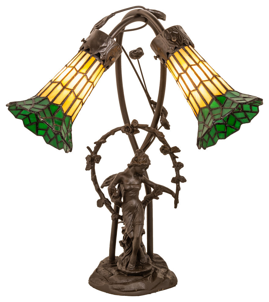 17 High Stained Glass Pond Lily 2 Light Trellis Girl Table Lamp