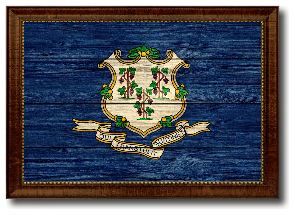 Connecticut State Textured Flag Print With Brown Gold Frame, 19"X27"