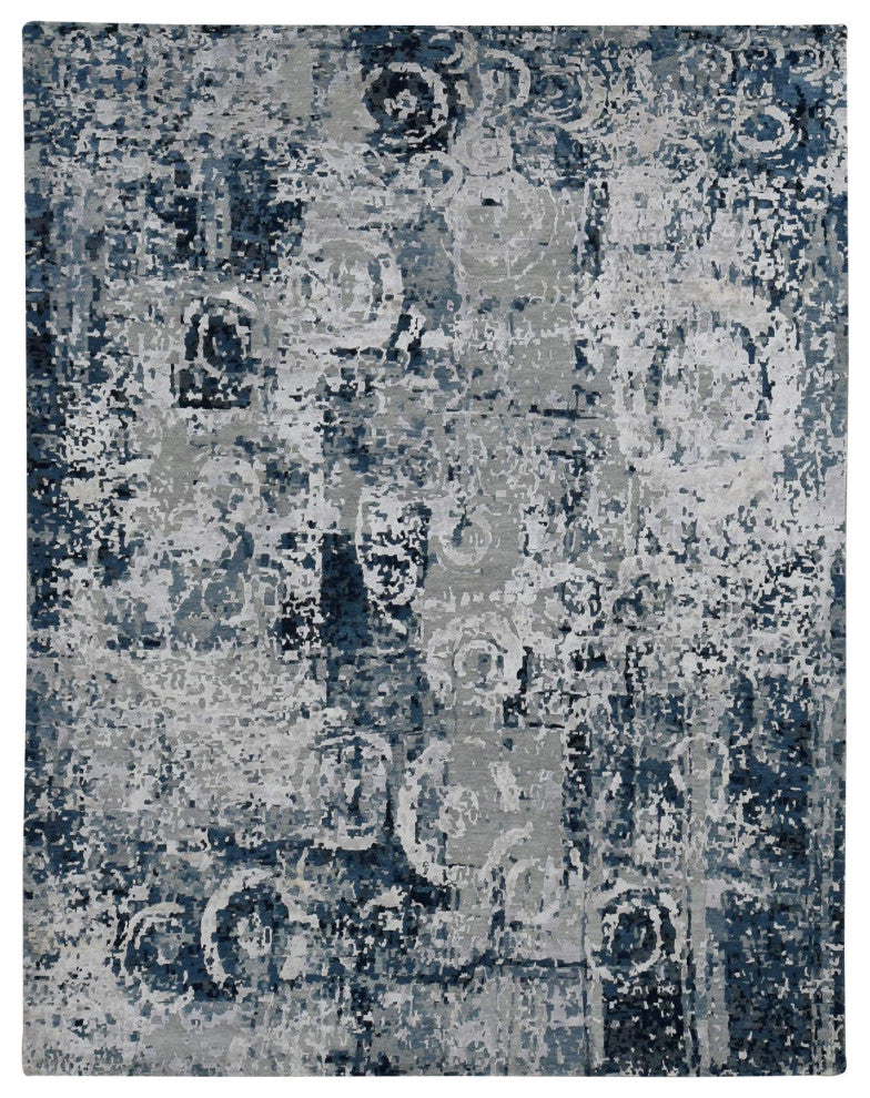 Arsenic Gray Hand Knotted Erased Circles Design Wool and Silk Rug 9'3"x12'