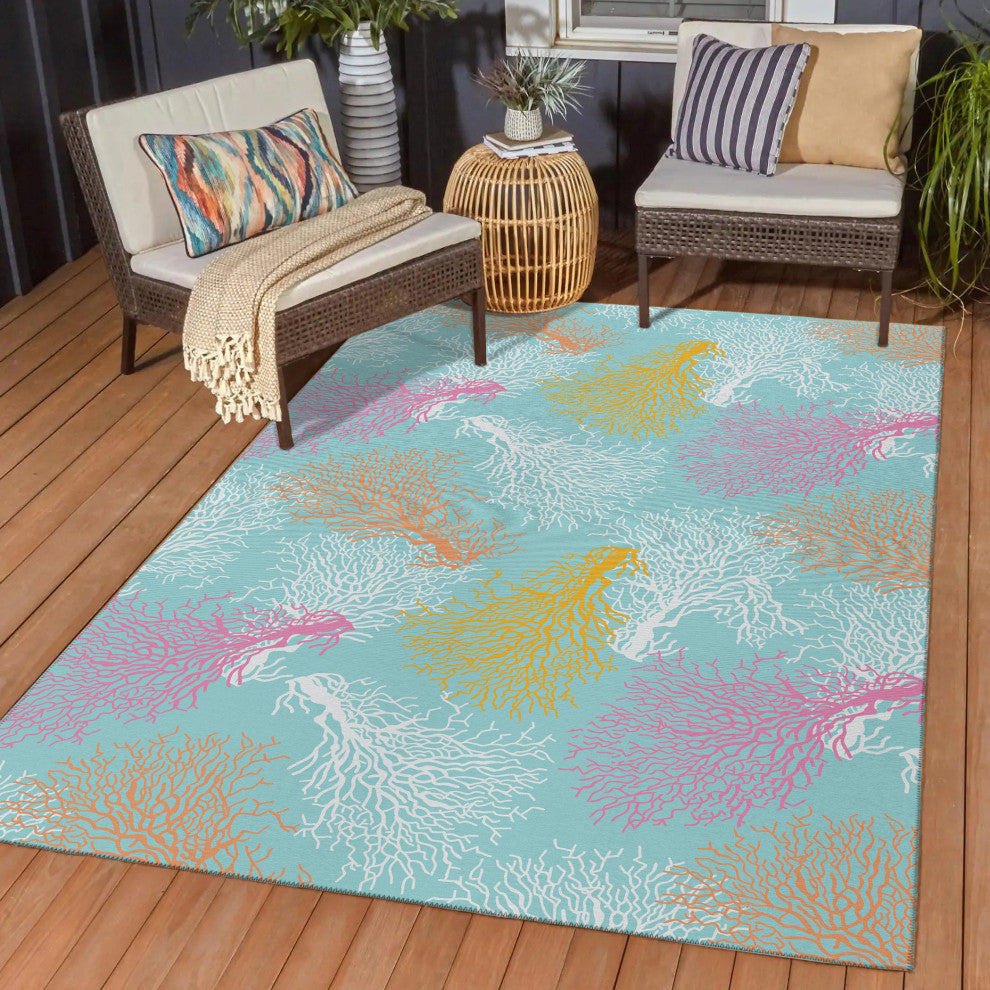 Indoor/Outdoor Seabreeze SZ3 Teal Machine Washable 3' x 5' Rug