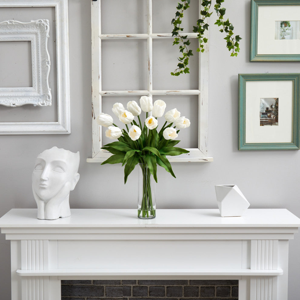 23in. Artificial Tulip Arrangement with Cylinder Glass Vase