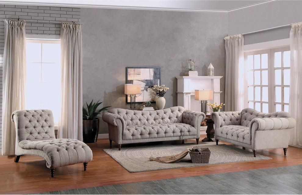 Stella French Button Tufted Love Seat, Neutral Beige Fabric