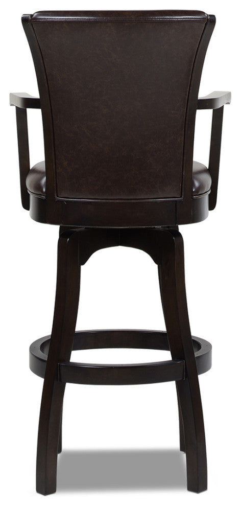 Williams Swivel Bar and Counter Stool With Armrests, Vintage Brown Faux Leather, Bar Height