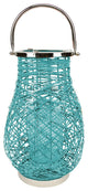 Modern Turquoise Blue Woven Iron Pillar Candle Lantern with Glass Hurricane