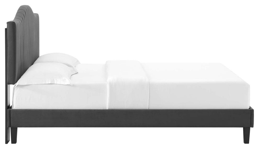 Tufted Platform Bed Frame, King Size, Velvet, Gray, Modern Contemporary