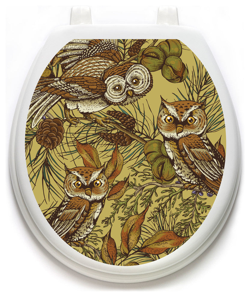Owls in Pine Toilet Tattoos Seat Cover, Vinyl Lid Decal, Bathroom Accent, Round Standard