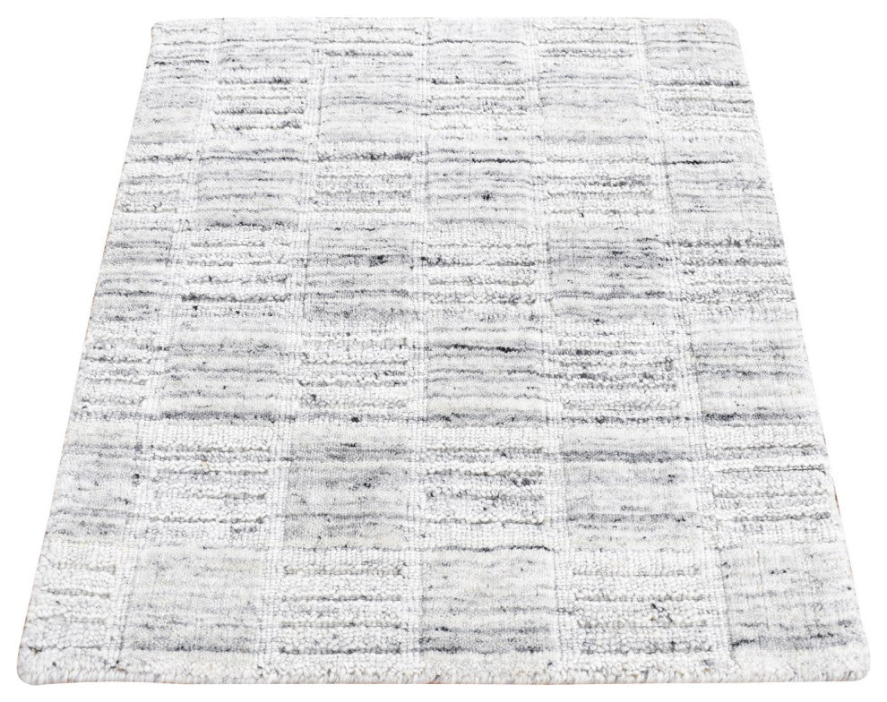 Pearl White Hand Loomed Modern Checkers Design Pure Wool Rug 1'10"x2'