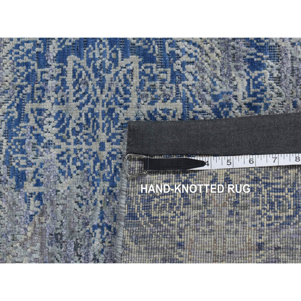 Blue Silk with Wool Erased Rosette Design Hand Knotted Runner Rug 2'6" x 6'