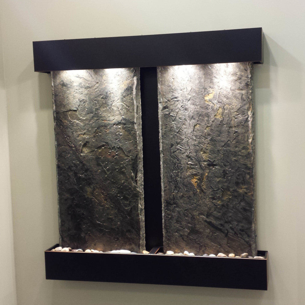 Aspen Falls Water Fountain, Natural Green Slate, Blackened Copper, Square