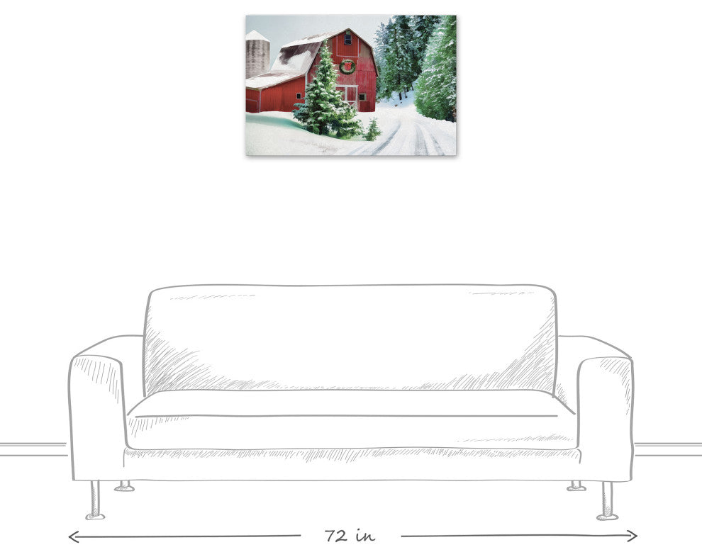 Painted, Snowy Red Barn 30x20 Canvas Wall Art