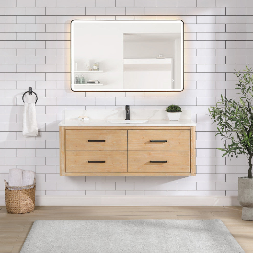 Cristo Floating Bath Vanity With Stone Top, Fir Wood Brown, 55in., No Mirror