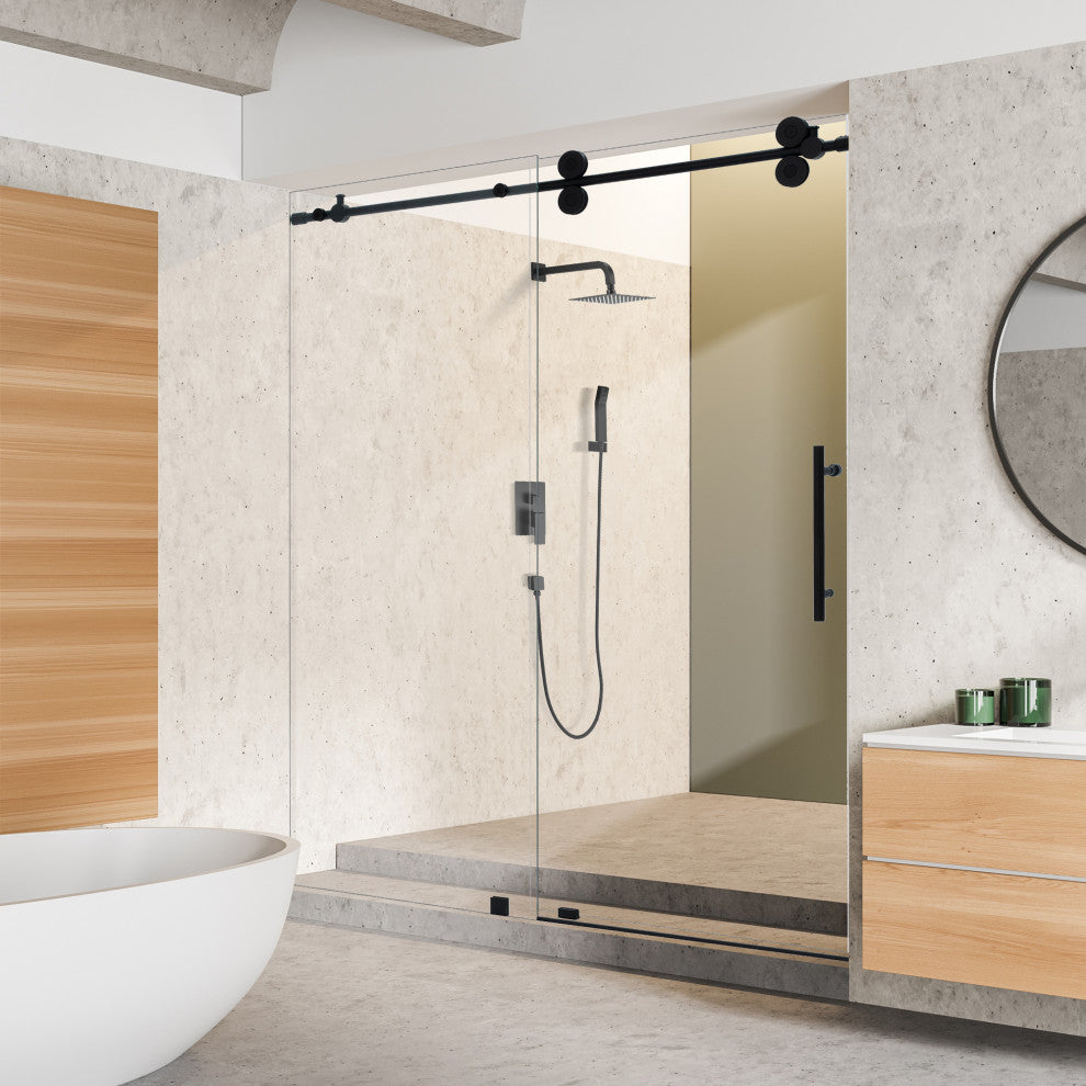Lazaro Single Sliding Frameless Shower Door, Clear, Matte Black, 60"wx78"h