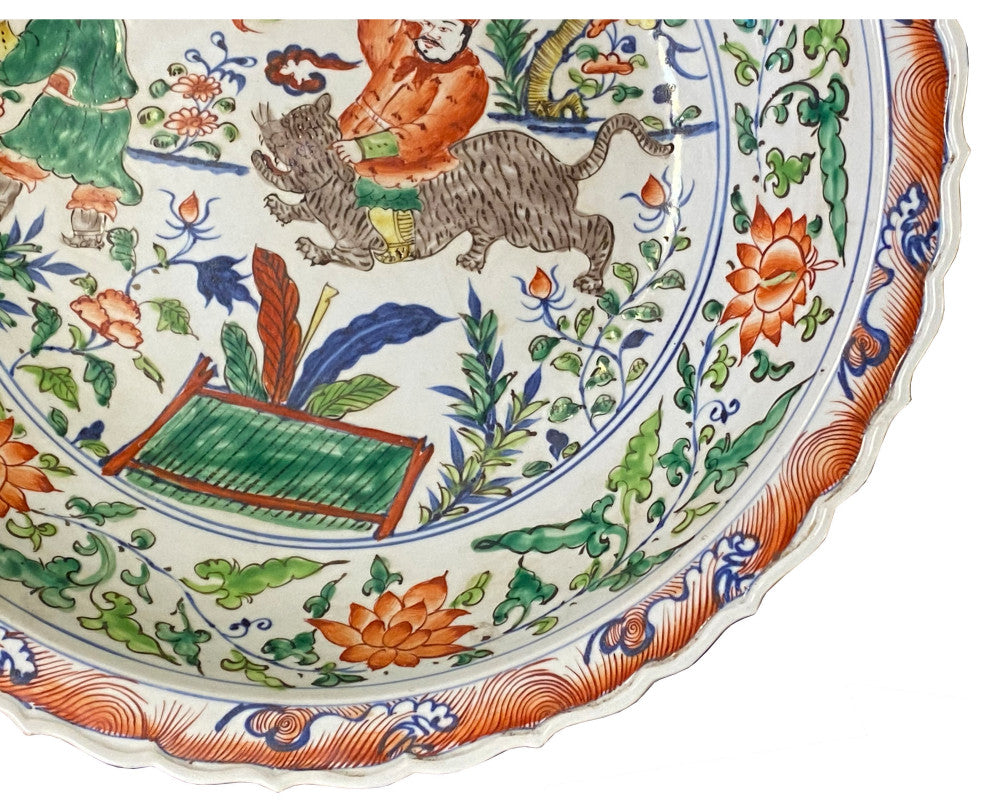 Chinese Orange White Porcelain People Scenery Display Charger Plate Hcs7437