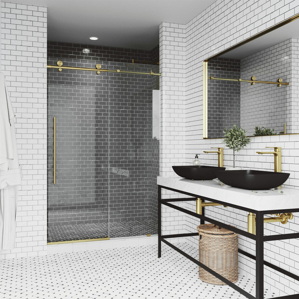VIGO Elan E-Class 48" to 52" W x 76" H Frameless Sliding Shower Door, Matte Gold, Clear Glass