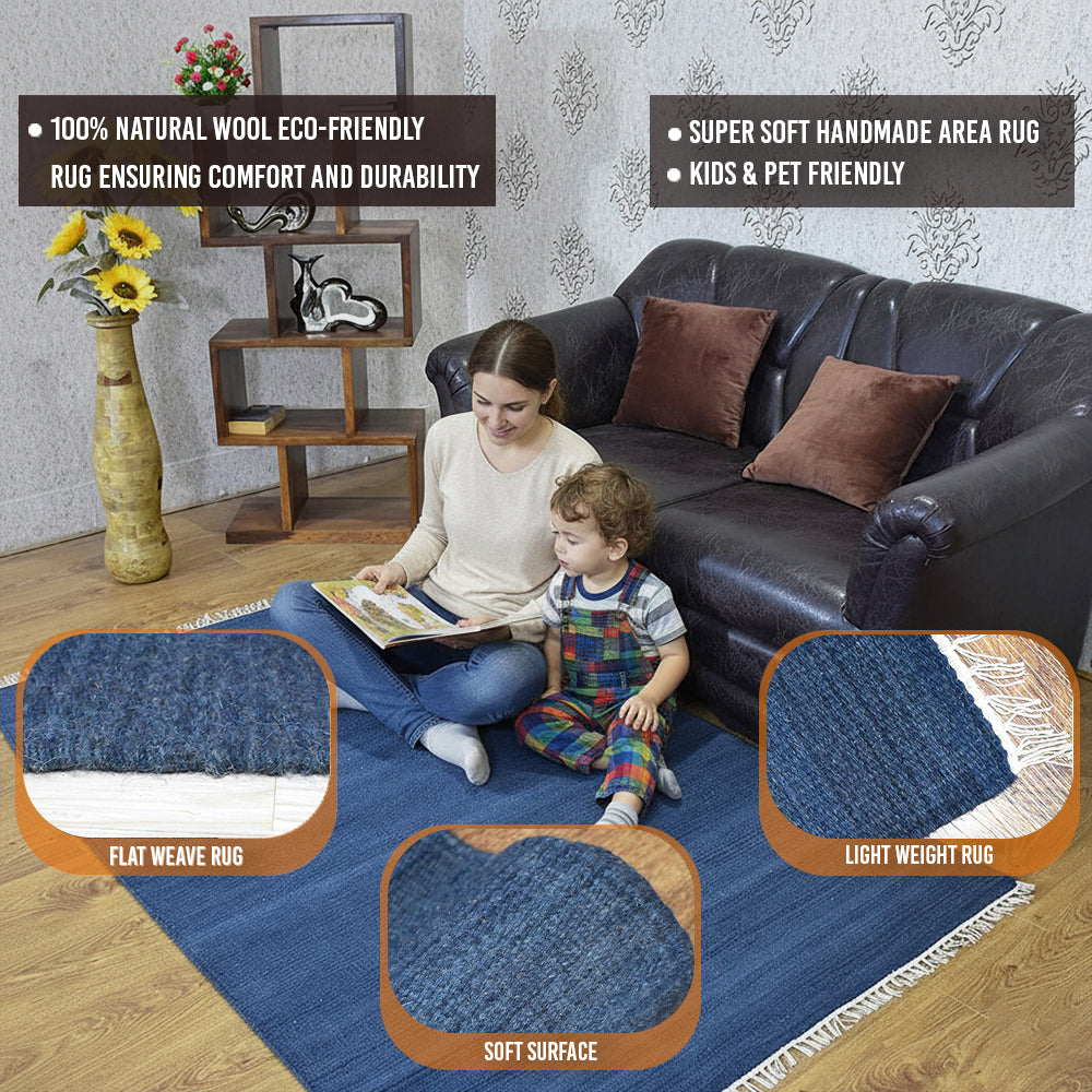 HAND WOVEN FLAT WEAVE KILIM WOOL ECO-FRIENDLY AREA RUGS, Rectangle, Blue, Solid, Blue, [Square] 8'x8'