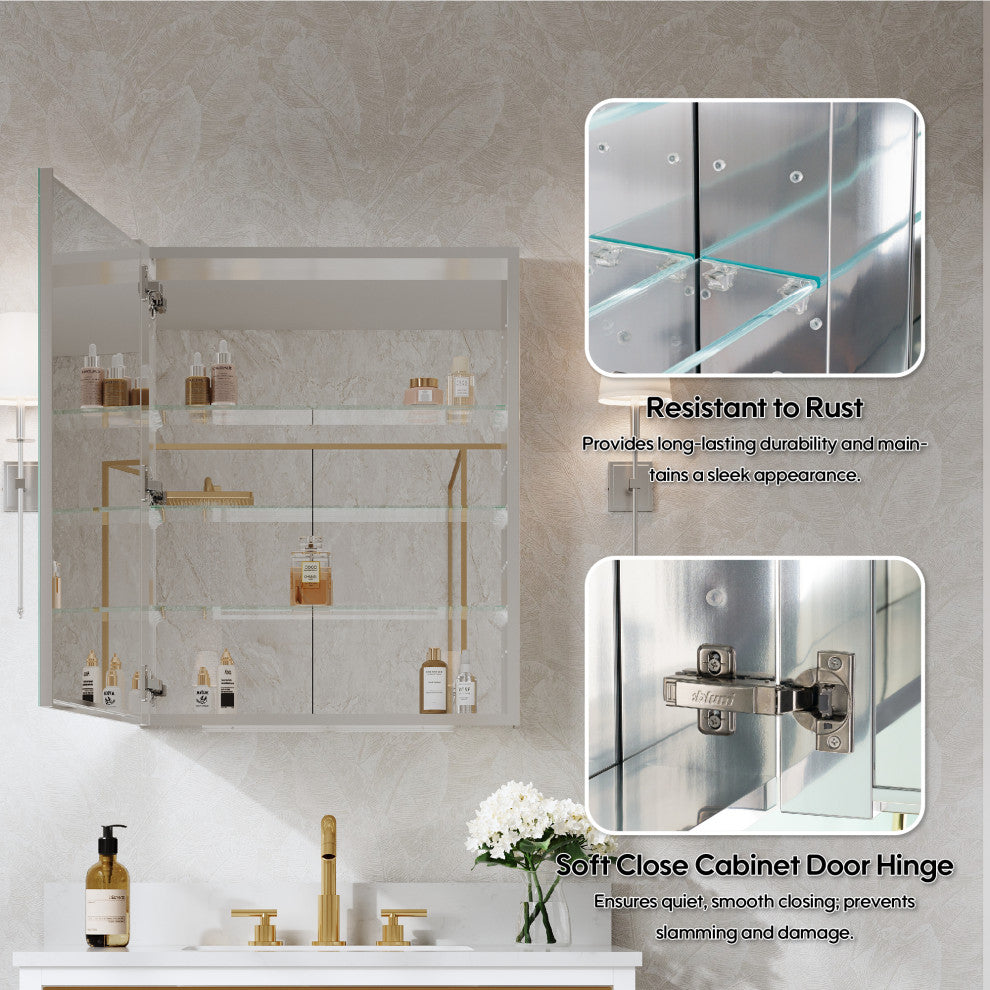 Recessed/Surface Mount Bathroom Medicine Cabinet, Soft-Close Blum Hinges, Left Swing, 24"x30"