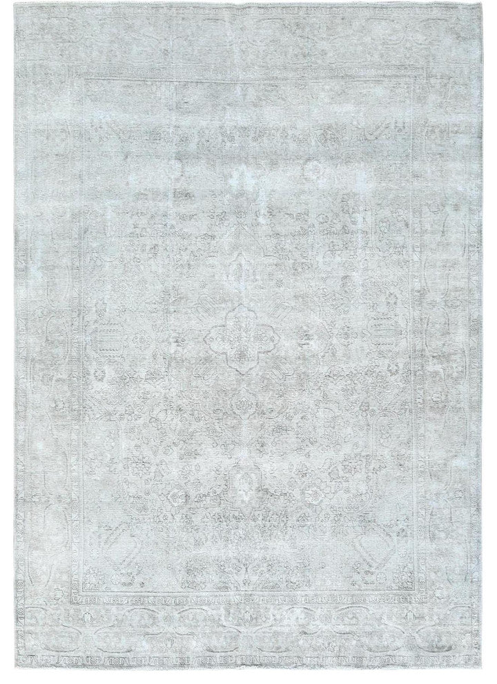 Blueish Gray, Worn Wool Hand Knotted, Vintage Persian Tabriz Rug, 9'4"x12'3"