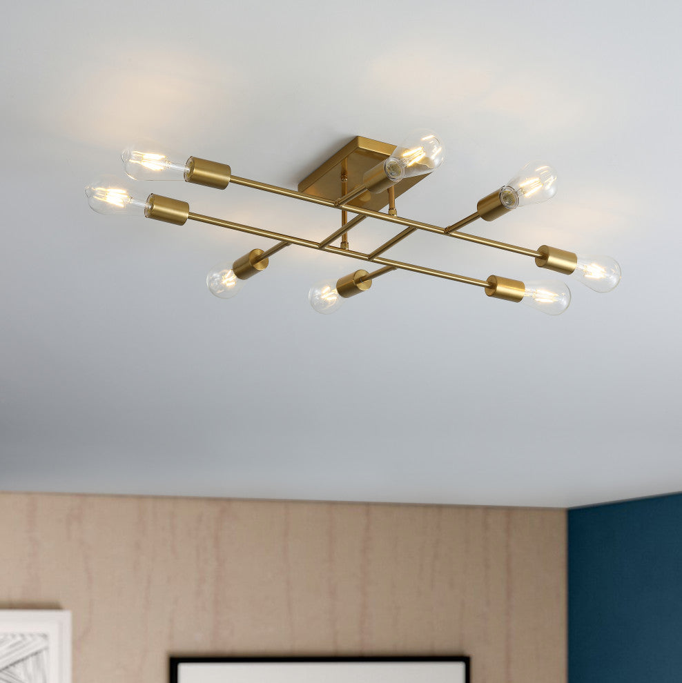 Modern 8-Light Sputnik Semi Flush Mount Ceiling Light, Gold