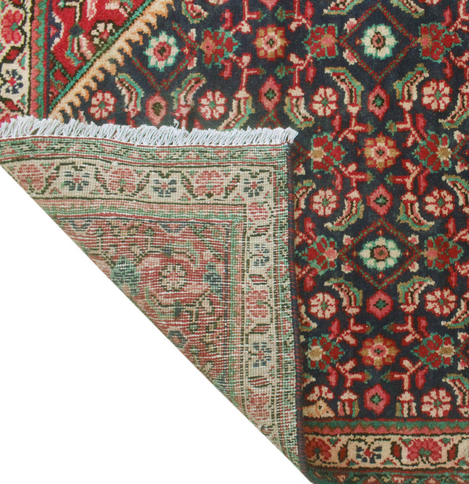Fine Vintage Distressed Nestor Navy/Red Runner, 3'7x10'3