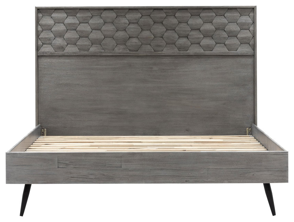 Benzara BM282094 Wood King Size Platform Bed, Honeycomb Headboard Design, Gray