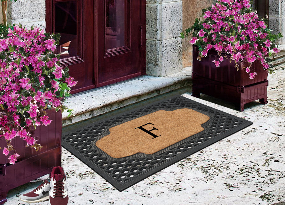 A1HC Mesh Border Rubber and Coir Monogrammed Doormat, 23"X38", Black, F