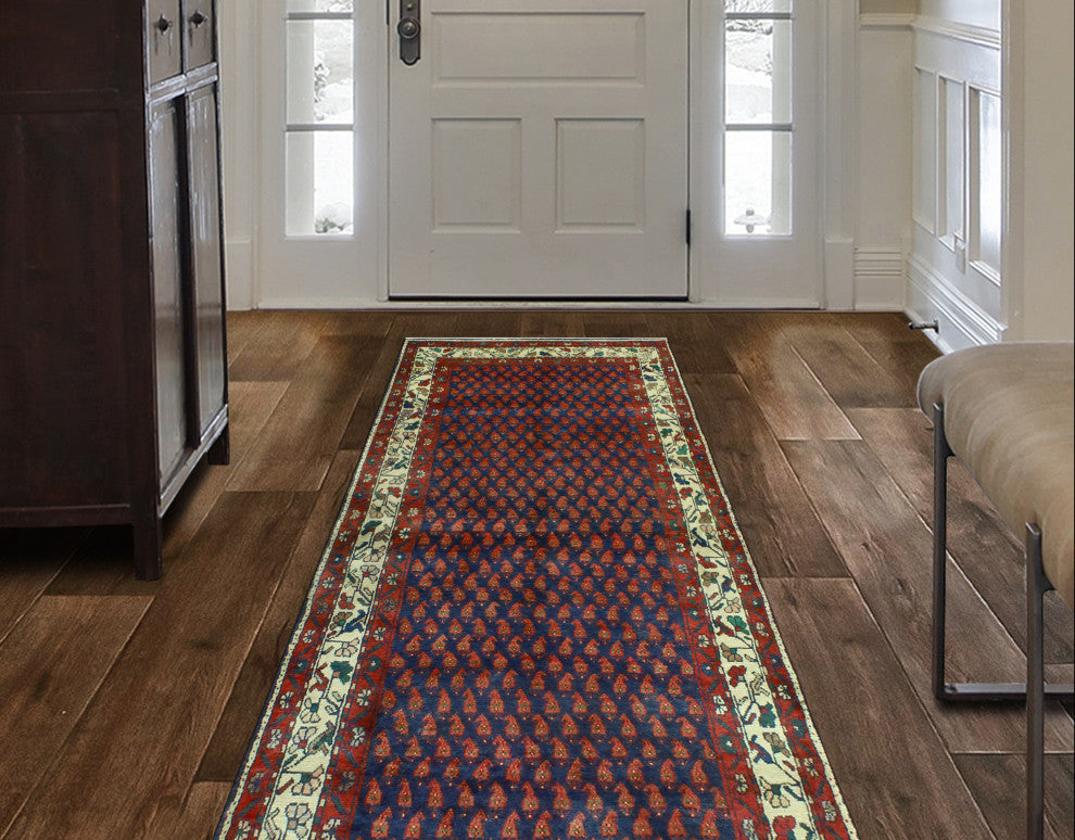 Fine Vintage Distressed Stephani Navy/Burgundy Runner, 3'8 x 8'9